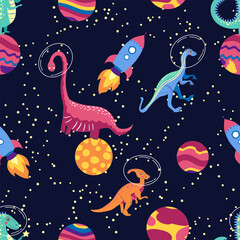 Dino in space seamless pattern. Cute dragon characters, dinosaur traveling galaxy with stars, planets. Kids cartoon background. Illustration of astronaut dragon, kids wrapping with cosmic dino © MichiruKayo