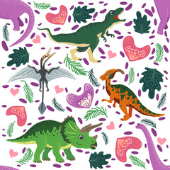 Doodle dinosaur pattern. Seamless textile dragon print, trendy childish fabric background, cartoon dinosaurs.