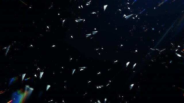 3D animation of broken glass shattering and exploding into shards.