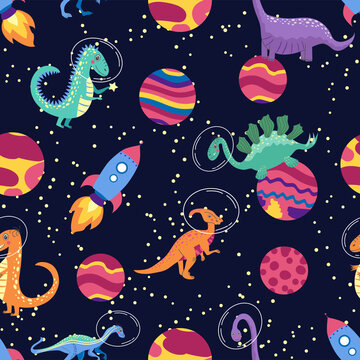 Dino In Space Seamless Pattern. Cute Dragon Characters, Dinosaur Traveling Galaxy With Stars, Planets. Kids Cartoon Background. Illustration Of Astronaut Dragon, Kids Wrapping With Cosmic Dino