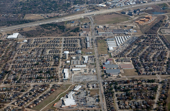 Aerial view of Lewisville, Texas, looking along Justin Road towards I-35E Express