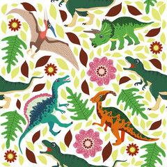 Doodle dinosaur pattern. Seamless textile dragon print, trendy childish fabric background, cartoon dinosaurs.