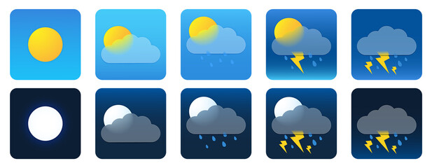 
Vector illustration. Set of weather icons in the style of glass morphism, isolated on white background. Effect frosted glass. Useful for web design purposes. Eps 10.
