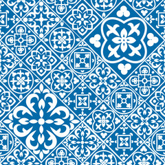 Portuguese seamless pattern with azulejo tiles. Gorgeous seamless patchwork pattern from colorful Moroccan tiles, ornaments