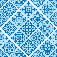 Portuguese seamless pattern with azulejo tiles. Gorgeous seamless patchwork pattern from colorful Moroccan tiles, ornaments