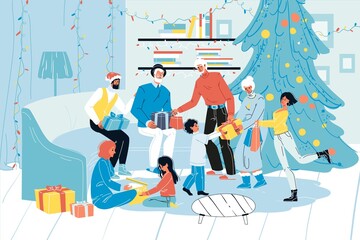 Happy family celebrating merry Christmas and new year giving surprise gift exchanging present sitting in home living room with decorated xmas fir tree