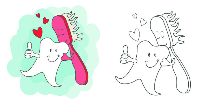 Tooth and toothbrush cute doodle character.

Children's funny storyline illustration of kissing characters on the topic of health, love, personal care, medicine, dental and mouth health.
