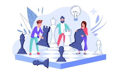 Tiny people playing chess game on flat board develop business strategy vector. Communication, making decision, teamwork, brainstorm and success marketing solution concept