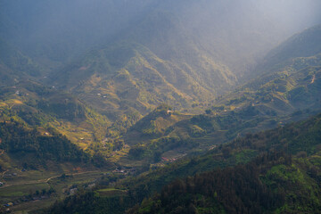 Green terraced rice fields, the typical landscape near mountain village Sapa, Vietnam