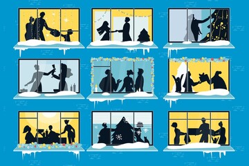 Happy people celebrating christmas in decorated living room. View from street on silhouette in window