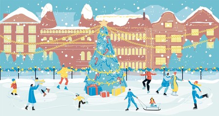 Happy people skating on city ice rink. Christmas fun and winter snow landscape scene
