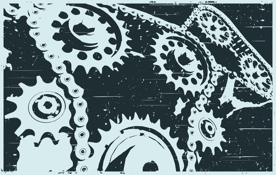Gear chain drive mechanism close-up retro style