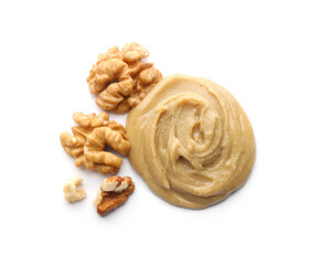 Delicious walnut butter and nuts on white background, top view