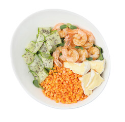 Delicious lentil bowl with shrimps, soft cheese and cucumber on white background, top view
