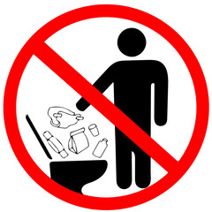 Do not litter in toilet icon. Keep clean sign. Not to throw garbage, mask into toilet in prohibition warning caution red circle isolated on white background.