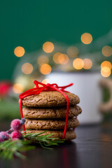Cookies and milk for Santa Clause on wood table,