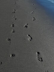 Fototapeta na wymiar Fußabdrücke auf dunklem Sand
