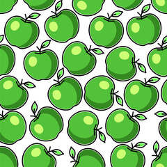 Seamless pattern with green apples in children's flat style, vector graphics