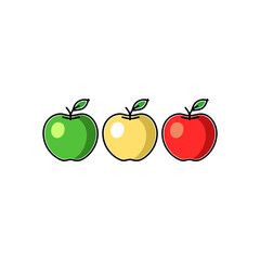 Green, yellow and red apples in childrens flat style, vector illustration