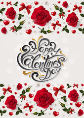 Valentine's day greeting card templates with realistic of beautiful rose and heart on background color.
