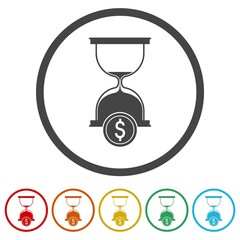 Hourglass with dollar icon isolated on white background, color set