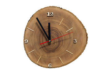 PNG. The ash sawn wall clock is isolated from the background. Made with their own hands. Five minutes before the New Year