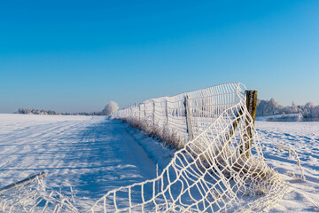 snow covered fence in winter