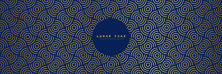 Japanese seamless pattern in oriental curvy geometric traditional style. 3d monochrome ornament for lunar chinese new year decoration. Gold blue abstract asian vector creative motif. Vintage print.