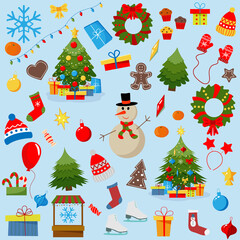 Christmas set with decorative winter items - toys, gift boxes, balloons, garlands, socks, wreaths, Christmas trees, isolated on a white background. Flat vector illustration in cartoon style.