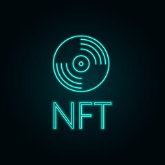 Neon sign nft music collection. Retro plate as a symbol of nft trend with neon effect in stele outline. Vector illustration of neon objects for decoration of artistic events. Music collection