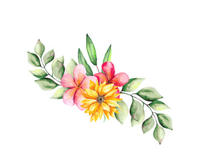 Botanical composition with yellow sunflower, pink flowers, green leaves and eucalyptus. Watercolor drawing of a flower bouquet isolated on a white background.