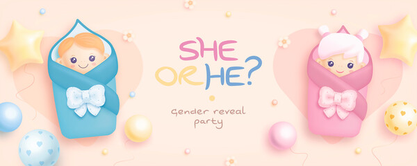 He or she. Cartoon gender reveal invitation template. Horizontal banner with realistic infants and helium balloons. Vector illustration