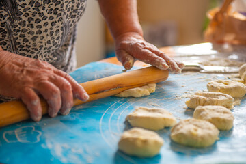 a woman makes a lot of pies out of dough rolls . High quality photo