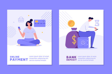 Woman customer buying online with bank card. Clients using mobile bank service. Man saving money in profitable deposit. Banners of online payment, mobile bank, safe bank deposit. Vector illustrations