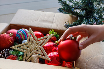 Christmas decorations in carton box
