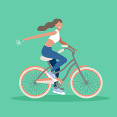 Fototapeta na wymiar Funny smiling girl on a bicycle with a flower in her hand. Cute happy young woman on a bicycle. Flat cartoon vector illustration in trendy colors.