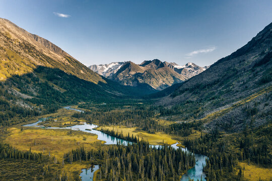 Aerial view of the valley of the Multin lakes in Katun Nature Reserve, Multa, Altai Republic, Russia.