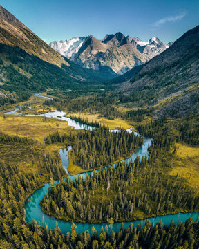 Aerial view of the valley of the Multin lakes in Katun Nature Reserve, Multa, Altai Republic, Russia.