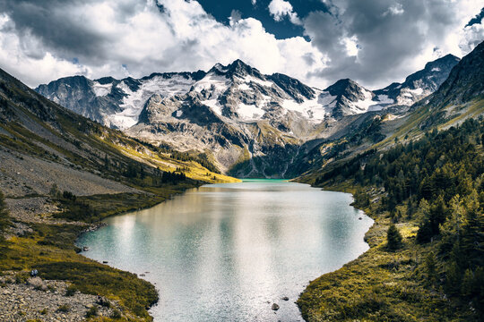 Aerial view of one of the Multin Lakes in Katun Nature Reserve, Multa, Altai Republic, Russia.
