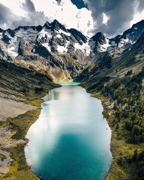 Aerial view of one of the Multin Lakes in Katun Nature Reserve, Multa, Altai Republic, Russia.