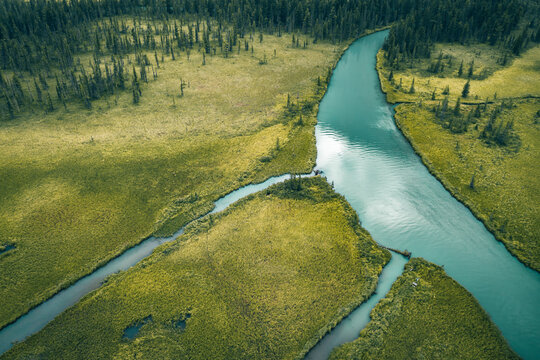Aerial view of the river in the valley of the Multin lakes in Katun Nature Reserve, Multa, Altai Republic, Russia.