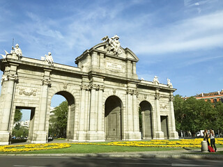 Alcala Gate right in the heart of Madrid on a Beautiful Morning in Spain on a family trip