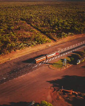 Aerial view of a tuck driving on the road, Birdum, Northern Territory, Australia.