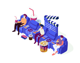 Isometric cinema illustration. People with medical masks and with quarantine restrictions