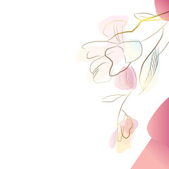 Square gold frame made of gold flowers and branches on a white background. Minimalism of forms in a square frame and abstraction. Leaves with plant flowers. Vector illustration.