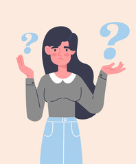 Fototapeta na wymiar Thoughts about choice concept. Young confused woman makes decision and solves problem. Female Character surrounded by questions looking for answers. Cartoon contemporary flat vector illustration