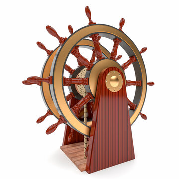 Large ship's wheel made of red wood and with bronze parts. Helm used by the ancient ships of the 18th century.Isolate on white background