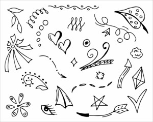 Hand drawn collection of doodle elements for design concept. Arrows, splashes, waves, broken lines, drops, circles, curly squiggles, geometric shapes and other abstract objects in the doodle style.