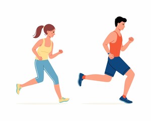 Fototapeta na wymiar Running man and woman on a white background. Fast run. The concept of a marathon race. Sport and fitness template design with runners in flat style. Vector illustration
