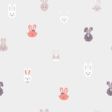 Childish seamless pattern with funny bunny faces. Backdrop with cute rabbits. Flat cartoon trendy scandinavian vector illustration.